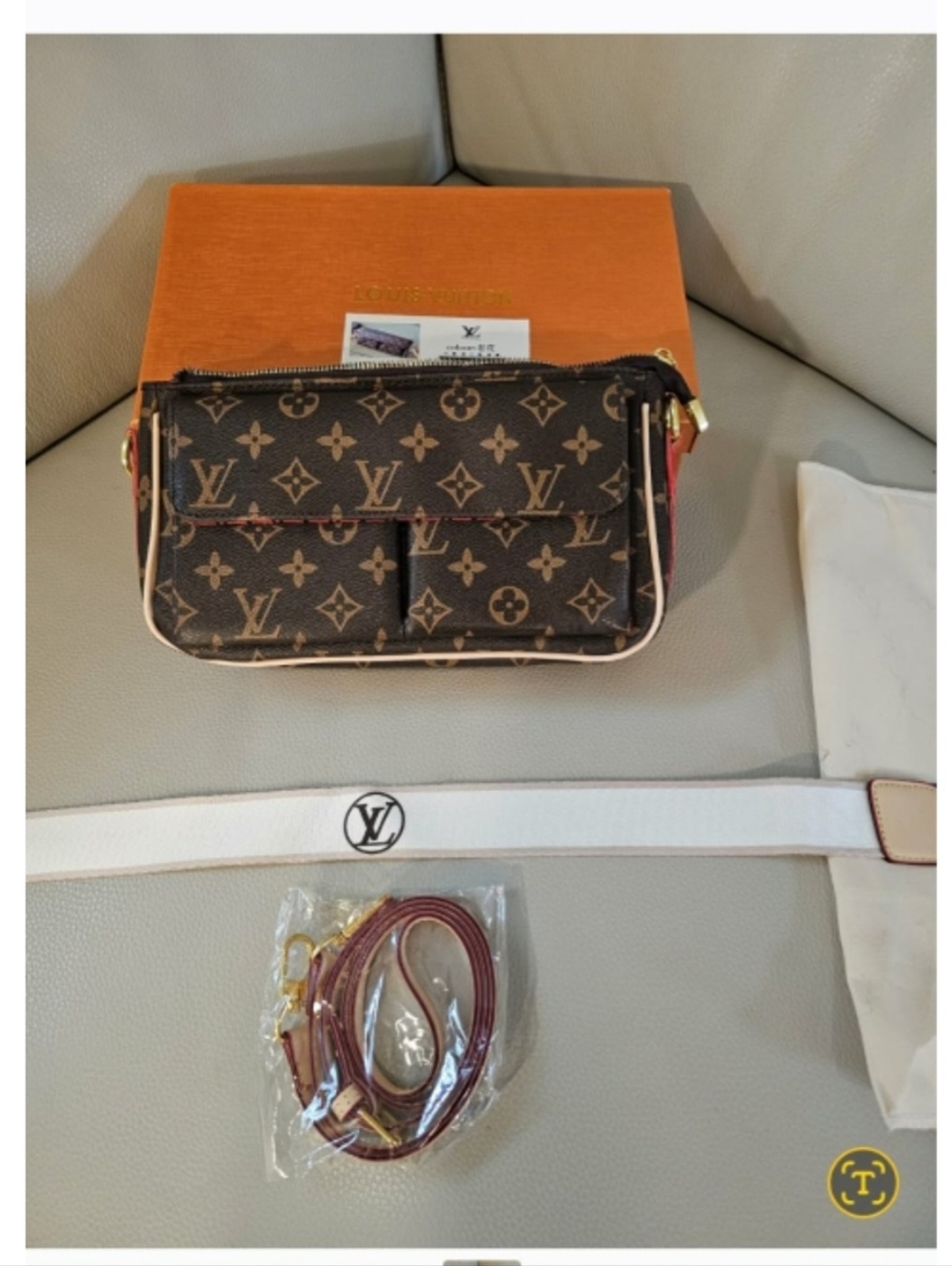 Brown Monogram Crossbody Pochette with Vachetta Trim With Box And Dust Bag